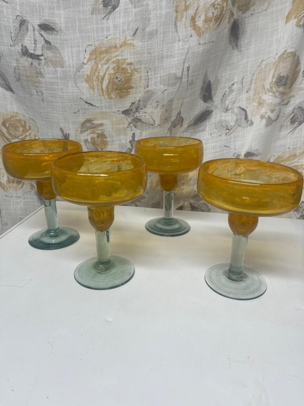 Vintage Handblown Mexican Glass Set of 4 Amber Light Blue Margarita Coupes